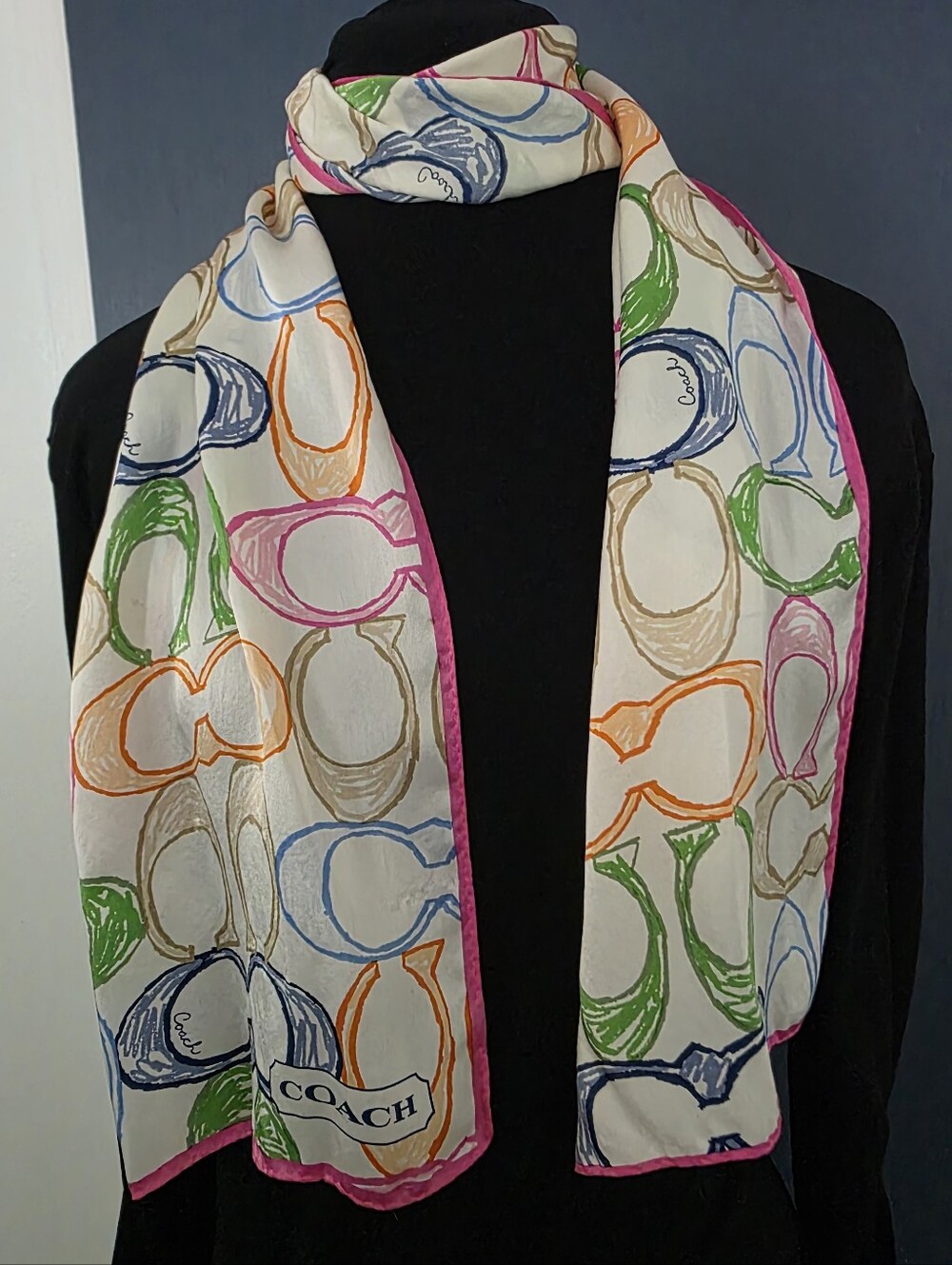 Vintage COACH Multicolor Signature Silk Scarf with Pink Trim